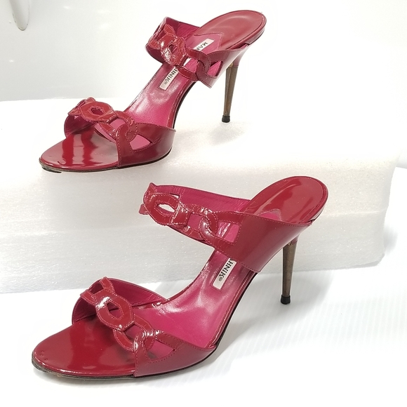 Manolo Blahnik patent Leather Red Stiletto Heels slippers Slides mules sandals - Picture 9 of 15